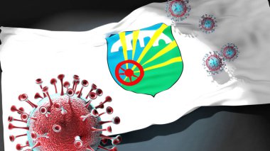 Kuzey Makedonya 'nın Suto Orizari Belediyesindeki Covid - Coronavirus ve Kuzey Makedonya' daki Suto Orizari Belediyesi 'nin bayrağı, bu kentteki salgının bir simgesi olarak, 3d illüstrasyon