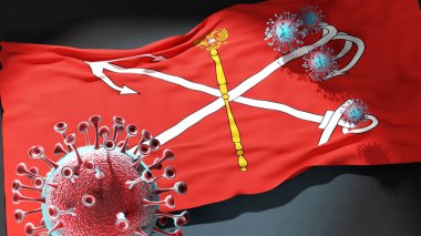 Saint Petersburg 'daki Covid - Coronavirus bu şehirdeki virüs salgınıyla mücadele sembolü olarak Saint Petersburg' un bir şehir bayrağına saldırıyor.