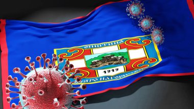 Kuzey Makedonya 'nın Staro Nagoricane kentindeki Covid kasabasında Coronavirus, Staro Nagoricane Kuzey Makedonya bayrağına saldırıyor.