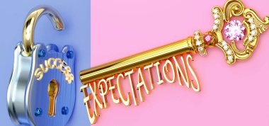 Başarının anahtarı, işinizde, işinizde, ailenizde ya da hayatınızda kazanmanız gereken beklentilerdir. Beklentilere odaklanmanız gerekir. Zaferlere giden kapıları açar ve gerçekten istediğinizi elde edersiniz, 3D illüstrasyon.