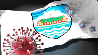 Nuuk 'taki Covid - Coronavirus Nuuk şehir bayrağına saldırıyor. Virüs salgınıyla mücadele sembolü olarak.