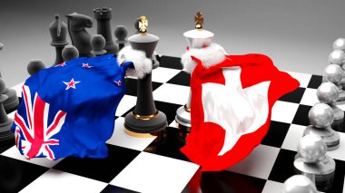 Yeni Zelanda İsviçre krizi, çatışma ve tartışma, bu iki ülke arasında bir ticaret anlaşması veya ulusal bayraklarla oynanan bir satranç oyunuyla sembolize edilen hakimiyet, 3D illüstrasyon