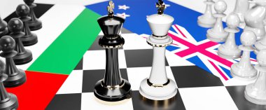 Birleşik Arap Emirlikleri ve Yeni Zelanda çatışmaları, açmaza, çıkmaza ve tartışmalara yol açan bu iki ülke arasında, ulusal bayraklı bir satranç oyunu, 3d illüstrasyon ile sembolize edilen bir ticaret anlaşmasına öncülük ediyor.