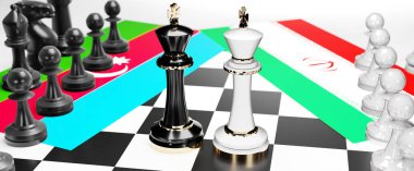 Azerbaycan ve İran arasındaki çatışma, çatışma, kriz ve tartışma, bu iki ülke arasında bir ticaret anlaşması ve egemenlik, ulusal bayraklı bir satranç oyunu, 3D illüstrasyonla sembolize ediliyor.