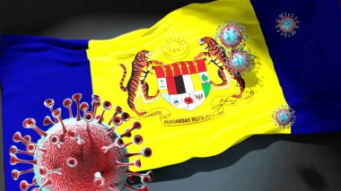 Putrajaya 'daki Covid - Coronavirus, Putrajaya' nın bir şehir bayrağına saldırıyor. Virüs salgınıyla mücadele ve mücadele sembolü olarak.