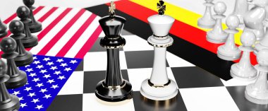 ABD ve Almanya arasında bir ticaret anlaşması ve ulusal bayraklarla oynanan bir satranç oyunuyla sembolize edilen egemenliği hedefleyen bu iki ülke arasında çatışma, çatışma, kriz ve tartışma