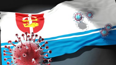 Gdynia 'daki Covid - Coronavirus bu şehirdeki virüs salgınıyla mücadele sembolü olarak Gdynia şehir bayrağına saldırıyor.