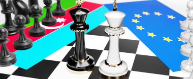 Azerbaycan ve AB 'nin Avrupa' daki çatışmaları, çatışmaları, krizleri ve tartışmaları, bu iki ülke arasında bir ticaret anlaşması ve egemenliği simgeleyen bir satranç oyunu, ulusal bayraklar, 3d illüstrasyonla sembolize ediyor.