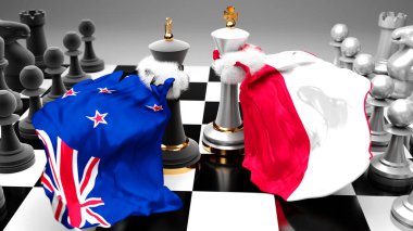 Yeni Zelanda Polonya krizi, çatışma ve tartışma, bu iki ülke arasında bir ticaret anlaşması veya ulusal bayraklarla oynanan bir satranç oyunuyla sembolize edilen hakimiyet, 3D illüstrasyon