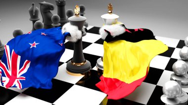 Bu iki ülke arasındaki Yeni Zelanda krizi, çatışma, çatışma ve tartışma, ulusal bayraklı bir satranç oyunu ve 3d illüstrasyonuyla sembolize edilen bir ticaret anlaşması veya hakimiyeti simgeliyor.