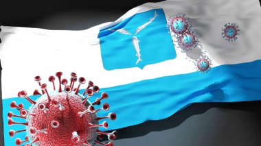 Saratov 'da Covid - Coronavirus Saratov' un şehir bayrağına saldırıyor. Virüs salgınıyla mücadele ve mücadele sembolü olarak.