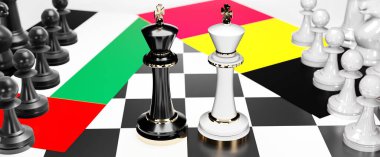 Birleşik Arap Emirlikleri ve Belçika çatışması, çatışma, kriz ve tartışma bu iki ülke arasında bir ticaret anlaşması ve egemenlik hedefleyen ulusal bayraklar, 3d illüstrasyon ile bir satranç oyunu ile sembolize