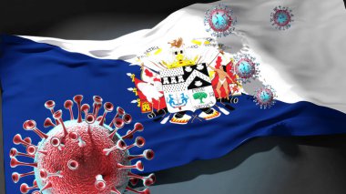 Osorno Şili 'deki Covid - Coronavirus, Osorno Şili' nin bir şehir bayrağına saldırıyor. Bu şehirdeki virüs salgınıyla mücadele etmek için bir sembol.