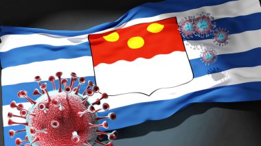 Batumi 'deki Covid - Coronavirus bu şehirdeki virüs salgınıyla mücadele sembolü olarak Batumi' nin bir şehir bayrağına saldırıyor.