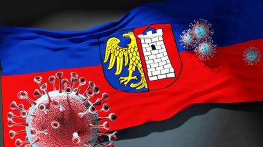 Gliwice 'de Covid - Coronavirus Gliwice' nin bir şehir bayrağına saldırıyor. Virüs salgınıyla mücadele sembolü olarak bu şehirde 3D çizim