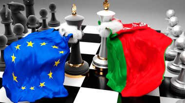 AB 'nin Avrupa' daki Belarus krizi, çatışması, çatışması ve tartışması, bu iki ülke arasında bir ticaret anlaşması veya ulusal bayraklarla oynanan bir satranç oyunuyla sembolize edilen hakimiyet, 3D illüstrasyon