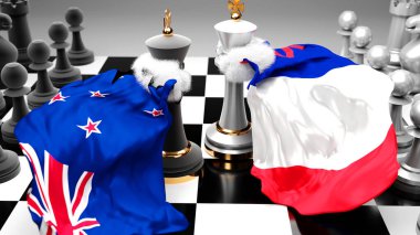 Yeni Zelanda Fransa krizi, çatışma ve tartışma bu iki ülke arasında bir ticaret anlaşması veya ulusal bayraklarla oynanan bir satranç oyunuyla sembolize edilen hakimiyet, 3D illüstrasyon