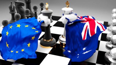 Ulusal bayraklarla oynanan bir satranç oyunu ve 3D illüstrasyonla sembolize edilen bir ticaret anlaşması veya egemenliği hedefleyen bu iki ülke arasında AB Avrupa Avrupa 'daki kriz, çatışma, çatışma ve tartışma
