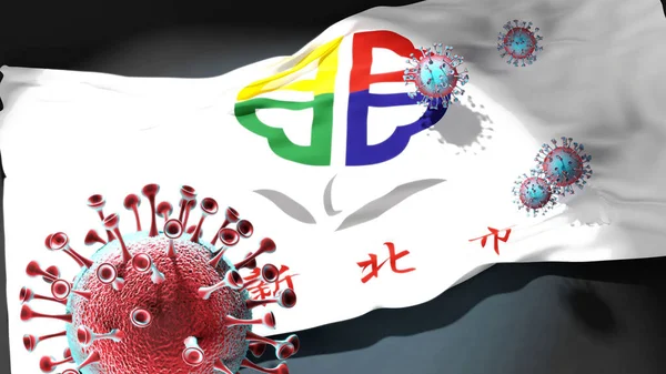 New Taipei 'de Covid - Coronavirus New Taipei' nin bir şehir bayrağına saldırıyor bu şehirdeki virüs salgınıyla mücadele ve mücadele sembolü olarak, 3D illüstrasyon