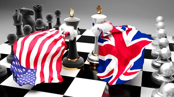 USA UK England crisis, clash, conflict and debate between those two countries that aims at a trade deal or dominance symbolized by a chess game with national flags, 3d illustration