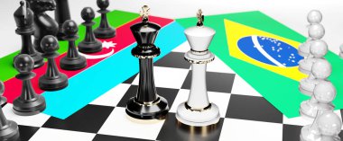 Azerbaycan ve Brezilya arasındaki çatışma, çatışma, kriz ve tartışma, bu iki ülke arasında bir ticaret anlaşması ve egemenlik, ulusal bayraklı bir satranç oyunu, 3d illüstrasyonla sembolize ediliyor.