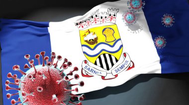 Sarnia Ontario 'da Covid - Coronavirus Sarnia Ontario' nun bir şehir bayrağına saldırıyor bu şehirdeki virüs salgınıyla mücadele ve mücadele sembolü olarak, 3D