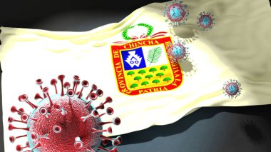 Chincha Alta 'da Covid - Coronavirus Chincha Alta' nın bir şehir bayrağına saldırıyor bu şehirdeki virüs salgınıyla mücadele sembolü olarak, 3 boyutlu resimleme