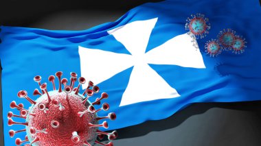 Rzeszow 'da Covid - Coronavirus, Rzeszow' un bir şehir bayrağına saldırıyor. Bu şehirdeki virüs salgınıyla mücadele için bir sembol.