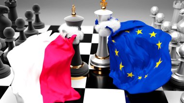 Polonya 'nın AB Avrupa' daki krizi, çatışması, çatışması ve tartışması, bu iki ülke arasında bir ticaret anlaşması veya ulusal bayraklarla oynanan bir satranç oyunuyla sembolize edilen hakimiyet, 3D illüstrasyon