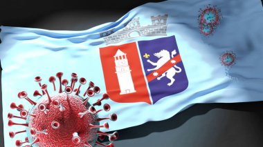 Tiran 'daki Covid - Coronavirus, Tiran' ın bir şehir bayrağına saldırarak bu şehirdeki virüs salgınıyla mücadele ve mücadelenin sembolü olan 3D illüstrasyon