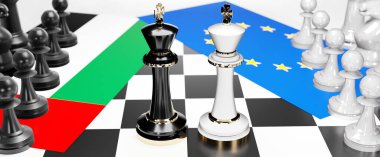 Birleşik Arap Emirlikleri ve AB Avrupa ihtilafı, bu iki ülke arasında ulusal bayraklarla oynanan bir satranç oyunu ve 3D illüstrasyonla sembolize edilen bir ticaret anlaşmasına yol açan soğukluk, çıkmaz ve tartışma