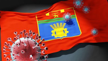 Volgograd 'da Covid - Coronavirus bu şehirdeki virüs salgınıyla mücadele sembolü olarak Volgograd' ın bir şehir bayrağına saldırıyor.