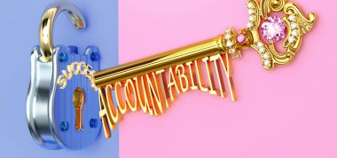 Başarının anahtarı, işte ya da hayatta kazanmak için hesap sorulabilirliğe odaklanmanız gerekir. Zaferlere giden kapıları açar ve gerçekten istediğinizi elde edersiniz. 3D illüstrasyon.