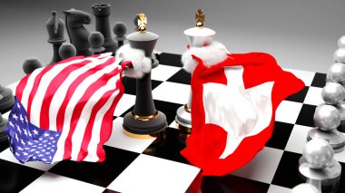 ABD İsviçre krizi, çatışma, çatışma ve bu iki ülke arasında bir ticaret anlaşması veya ulusal bayraklı bir satranç oyunuyla sembolize edilen hakimiyet, 3D illüstrasyon