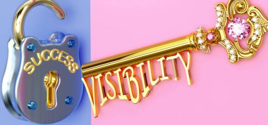 Başarının anahtarı görünürlüktür - işinizde, işinizde, ailenizde veya hayatınızda kazanmak için görünürlüğe odaklanmanız gerekir, zaferlere giden kapıları açar ve gerçekten istediğinizi elde edersiniz, 3D illüstrasyon