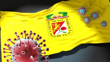 Tacna 'daki Covid - Coronavirus bu şehirdeki virüs salgınıyla mücadele sembolü olarak Tacna' nın bir şehir bayrağına saldırıyor.