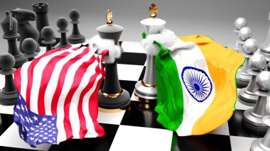 ABD Hindistan krizi, çatışma, çatışma ve tartışma bu iki ülke arasında bir ticaret anlaşması veya ulusal bayraklarla oynanan bir satranç oyunu ile sembolize edilen hakimiyet, 3d illüstrasyon