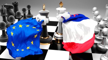Bir ticaret anlaşması veya ulusal bayraklarla oynanan bir satranç oyunuyla sembolize edilen egemenliği hedefleyen bu iki ülke arasında AB Avrupa 'da yaşanan kriz, çatışma, çatışma ve tartışma