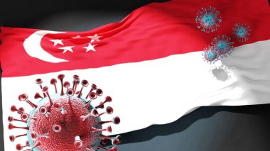 Singapur 'da Covid - Coronavirus bu şehirdeki virüs salgınıyla mücadele sembolü olarak Singapur bayrağına saldırıyor.