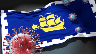 Quebec 'te Covid - Coronavirus, Quebec şehrinin bir bayrağına saldırıyor. Bu şehirdeki virüs salgınıyla mücadele ve mücadele sembolü olarak.