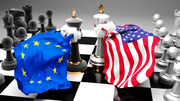 Bir ticaret anlaşması veya ulusal bayraklarla oynanan bir satranç oyunuyla sembolize edilen egemenliği hedefleyen bu iki ülke arasında AB Avrupa 'daki kriz, çatışma, çatışma ve tartışma