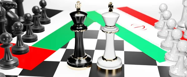 阿拉伯联合酋长国和伊朗两国之间的冲突 危机和辩论 其目的是达成一项贸易协议和以悬挂国旗的国际象棋游戏为象征的支配地位 — 图库照片