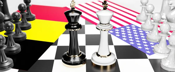 Belgium and USA conflict, clash, crisis and debate between those two countries that aims at a trade deal and dominance symbolized by a chess game with national flags, 3d illustration