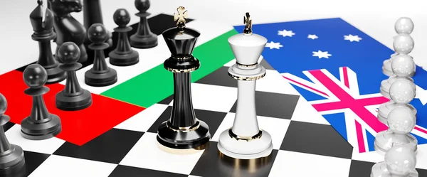 Birleşik Arap Emirlikleri ve Avustralya çatışmaları, açmaza, çıkmaza ve tartışmalara yol açan bu iki ülke arasında ulusal bayraklı bir satranç oyunu, 3D illüstrasyonla sembolize edilen bir ticaret anlaşması var.