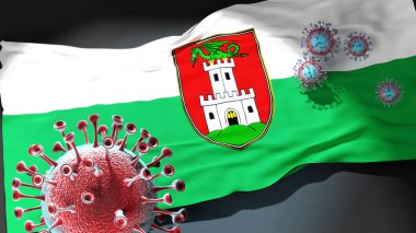 Ljubljana 'daki Covid - Coronavirus, Ljubljana' nın bir şehir bayrağına saldırıyor. Bu şehirdeki virüs salgınıyla mücadele için bir sembol.