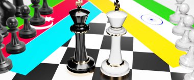 Azerbaycan ve Hindistan arasındaki çatışma, çatışma, kriz ve tartışma, bu iki ülke arasında bir ticaret anlaşması ve egemenlik, ulusal bayraklı bir satranç oyunu, 3D illüstrasyonla sembolize ediliyor.