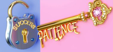 Başarının anahtarı sabır - işte, işte, işte, ailede ya da hayatta kazanmak için sabra odaklanmanız gerekir, zaferlere giden kapıları açar ve gerçekten istediğinizi elde edersiniz, 3D illüstrasyon