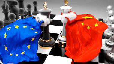 Bir ticaret anlaşması veya ulusal bayraklarla oynanan bir satranç oyunuyla sembolize edilen egemenliği hedefleyen bu iki ülke arasında AB Avrupa 'daki Çin krizi, çatışma, çatışma ve tartışma