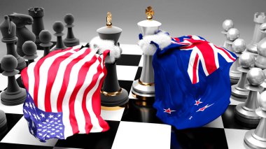 ABD 'nin Yeni Zelanda krizi, çatışması, çatışması ve tartışması, bu iki ülke arasında bir ticaret anlaşması veya ulusal bayraklarla oynanan bir satranç oyunuyla sembolize edilen hakimiyet, 3D illüstrasyon