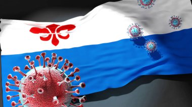 Roermond 'da Covid - Coronavirus Roermond' un şehir bayrağına saldırıyor. Virüs salgınıyla mücadele sembolü olarak.